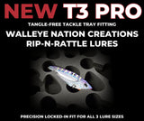 Detailed view of FishMore T3 Pro Tackle Box fitting Walleye Nation Creations Rip N Rattle size 0.75 oz lures in Plano 3700 size