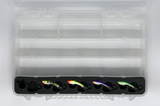 Top view of FishMore Favorites Bar Tackle Insert fitting Moonshine Shiver Minnow SM02 lures in Plano 3700 size box