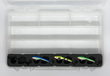 Top view of FishMore Favorites Bar Tackle Insert fitting Moonshine Shiver Minnow SM03 lures in Plano 3700 size box
