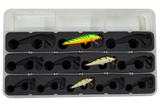Top view of FishMore Favorites Bar Tackle Insert fitting Rapala CountDown 5, 7, and 9 lures in Plano 3700 size box
