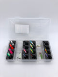 Close-up angled view of FishMore Favorites Bar Tackle Insert fitting Rapala Ice Fishing size Jigging Spoon 1/16 1/8 oz lures in Plano 3400 size box