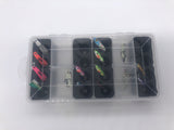 Close-up of FishMore Favorites Bar Tackle Insert fitting Rapala Ice Fishing size Jigging Spoon 1/16 1/8 oz lures in Plano 3400 size box