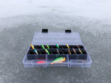 Angled view of FishMore Favorites Bar Tackle Insert fitting Rapala Ice Fishing size Jigging Spoon 1/16 1/8 oz lures in Plano 3500 size box