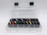 Close-up angled view of FishMore Favorites Bar Tackle Insert fitting Rapala Ice Fishing size Jigging Spoon 1/16 1/8 oz lures in Plano 3500 size box