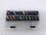 Close-up of FishMore Favorites Bar Tackle Insert fitting Rapala Ice Fishing size Jigging Spoon 1/16 1/8 oz lures in Plano 3500 size box