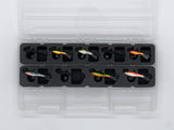Top view of FishMore Favorites Bar Tackle Insert fitting Rapala Jigging Rap size 2 3 lures in Plano 3500 box
