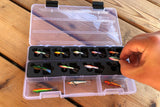 Top view of FishMore Favorites Bar Tackle Insert fitting Rapala Jigging Rap size 2 3 lures in Plano 3500 size box