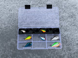 Top view of FishMore Favorites Bar Tackle Insert fitting Rapala Rippin' Rap size 3 lures in Plano 3500 size box