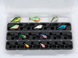 Top view of FishMore Favorites Bar Tackle Insert fitting Rapala Rippin' Rap size 3/4/5 lures in Plano 3700 size box