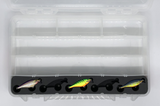 Top view of FishMore Favorites Bar Tackle Insert fitting Rapala Scatter Rap Shad size SCRS05 lures in Plano 3700 size box