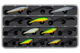 Close-up of FishMore Favorites Bar Tackle Insert fitting Rapala Scatter Rap Shad and other lures in Plano 3700 size box