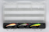 Top view of FishMore Favorites Bar Tackle Insert fitting Rapala Scatter Rap Tail Dancer size SCRTD09 lures in Plano 3700 size box