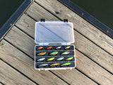 Top view on dock of FishMore Favorites Bar Tackle Insert fitting Rapala Scatter Rap Tail Dancer size 9 and other lures in Plano 3700 size box