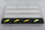 Angled view of FishMore Favorites Bar Tackle Insert fitting Rapala Shad Dancer size SD05 lures in Plano 3700 size box