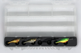 Top view of FishMore Favorites Bar Tackle Insert fitting Rapala Shad Rap Rattle Shad size SRRS05 lures in Plano 3700 size box
