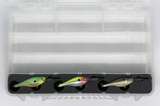 Top view of FishMore Favorites Bar Tackle Insert fitting Rapala Shad Rap Rattle Shad size SRRS07 lures in Plano 3700 size box