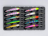 Top view of FishMore T3 Pro Tackle Box fitting Bandit Walleye Deep Diver - Generator lures in Plano 3700 size
