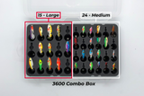 Top view of FishMore T3 Pro Tackle Box fitting FishMore Ice Fishing size Combo Spoon lures in Plano 3600 size