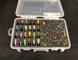 Top view of FishMore T3 Pro Tackle Box fitting Ice Fishing Jigging Spoon size Combo Spoon / Jig lures in Plano 3600 size
