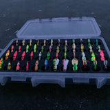 Close-up of FishMore T3 Pro Tackle Box fitting Ice Fishing Jigging Spoons size 1/16 oz to 1/8 oz lures in Plano 3600 size
