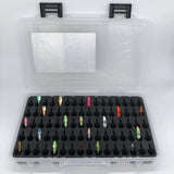 Angled view of FishMore T3 Pro Tackle Box fitting Ice Fishing Jigging Spoons size 1/16 oz to 1/8 oz lures in Plano 3700 size