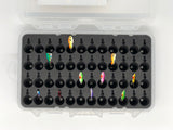 Top view 2 of FishMore T3 Pro Tackle Box fitting Ice Fishing Jigging Spoons size 1/16 oz to 1/8 oz lures in Plano 3700 size
