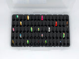 Top view of FishMore T3 Pro Tackle Box fitting Ice Fishing Jigging Spoons size 1/16 oz to 1/8 oz lures in Plano 3700 size