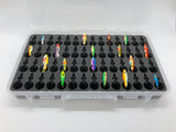 Angled view of FishMore T3 Pro Tackle Box fitting Ice Fishing Jigging Spoons size 1/4 oz to 1/2 oz lures in Plano 3700 size
