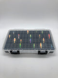Top view of FishMore T3 Pro Tackle Box fitting Ice Fishing Jigging Spoons size 1/4 oz to 1/2 oz lures in Plano 3700 size