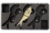 Top view of FishMore T3 Pro Tackle Box fitting KGB Chad Shad lures in Plano 3700 size