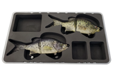 Angled view of FishMore T3 Pro Tackle Box fitting KGB Crappie lures in Plano 3700 size