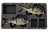 Top view of FishMore T3 Pro Tackle Box fitting KGB Crappie lures in Plano 3700 size