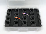 Angled view of FishMore T3 Pro Tackle Box fitting Moonshine Shiver Minnow size SM02 lures in Plano 3600 size