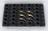 Top view of FishMore T3 Pro Tackle Box fitting Moonshine Shiver Minnow size SM02 lures in Plano 3700 size