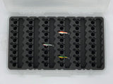 Top view of FishMore T3 Pro Tackle Box fitting Rapala Jigging Rap size 3 lures in Plano 3700 size