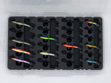 Top view of FishMore T3 Pro Tackle Box fitting Rapala Jigging Rap size 5/7/9 lures in Plano 3700 size