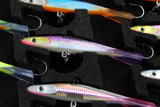 Close-up of FishMore T3 Pro Tackle Box fitting Rapala Jigging Shadow Rap size JSDR09 lures in Plano 3700 size