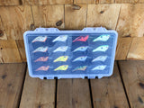 Angled view of FishMore T3 Pro Tackle Box fitting Rapala OG Slim size OGS06 lures in Plano 3700 size