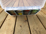 Box flipped view of FishMore T3 Pro Tackle Box fitting Rapala OG Slim size OGS06 lures in Plano 3700 size