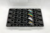 Angled view of FishMore T3 Pro Tackle Box fitting Rapala Rap-V Blade size RVB06 lures in Plano 3600 size