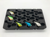 Angled view of FishMore T3 Pro Tackle Box fitting Rapala Rippin' Rap size RPR05 lures in Plano 3600 size
