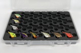 Angled view of FishMore T3 Pro Tackle Box fitting Rapala Rippin' Rap size RPR05 lures in Plano 3700 size