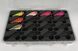 Angled view of FishMore T3 Pro Tackle Box fitting Rapala Rippin' Rap size RPR07 lures in Plano 3700 size