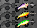 Close-up of FishMore T3 Pro Tackle Box fitting Rapala Shad Dancer size SD05 lures in Plano 3700 size