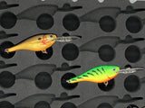 Close-up of FishMore T3 Pro Tackle Box fitting Rapala Shad Rap Rattle Shad / Glass Shad Rap size SRRS05 lures in Plano 3700 size