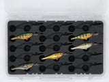 Top view of FishMore T3 Pro Tackle Box fitting Rapala Shad Rap Rattle Shad / Glass Shad Rap size SRRS07 lures in Plano 3700 size