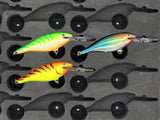 Close-up of FishMore T3 Pro Tackle Box fitting Rapala Shad Rap size SR07 lures in Plano 3700 size