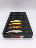 Angled view of FishMore T3 Pro Tackle Box fitting Rapala Tail Dancer Deep size TDD11 lures in Plano 3700 size