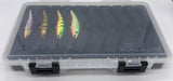 Top view of FishMore T3 Pro Tackle Box fitting Rapala Tail Dancer Deep size TDD11 lures in Plano 3700 size