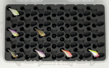 Top view of FishMore T3 Pro Tackle Box fitting Rapala Ultra Light Rippin' Rap size ULRPR04 lures in Plano 3700 size